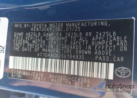 2025 Toyota Camry Se z USA, uszkodzony, nr VIN 4T1DAACK2SU104935